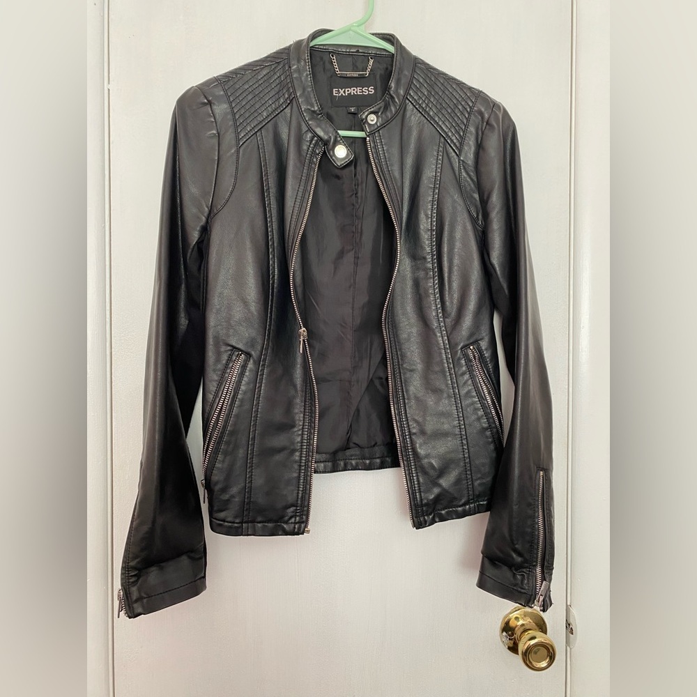 Express Black Leather Moto Jacket with Fitted Silhouette